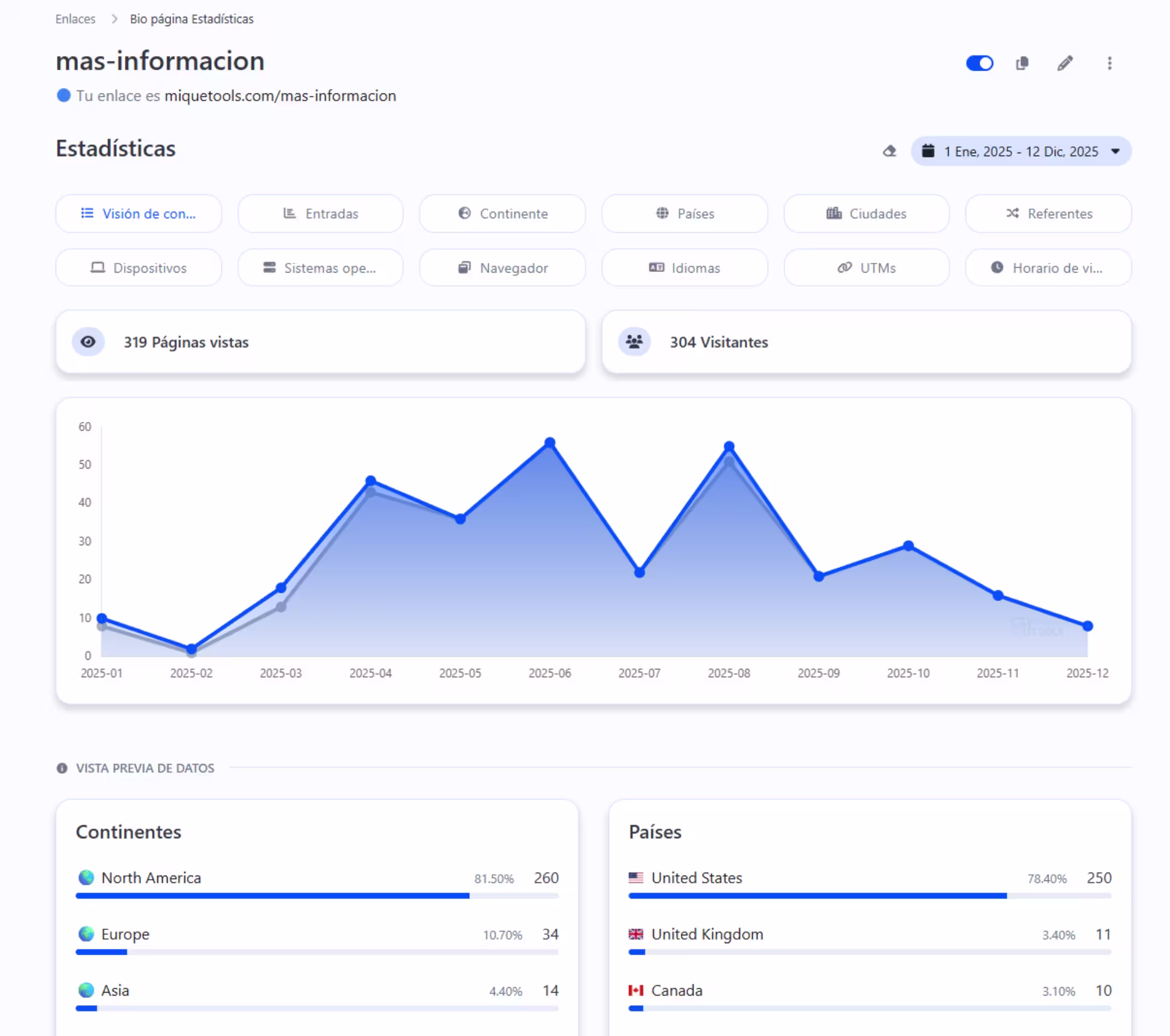Screenshot of the app links analytics system page