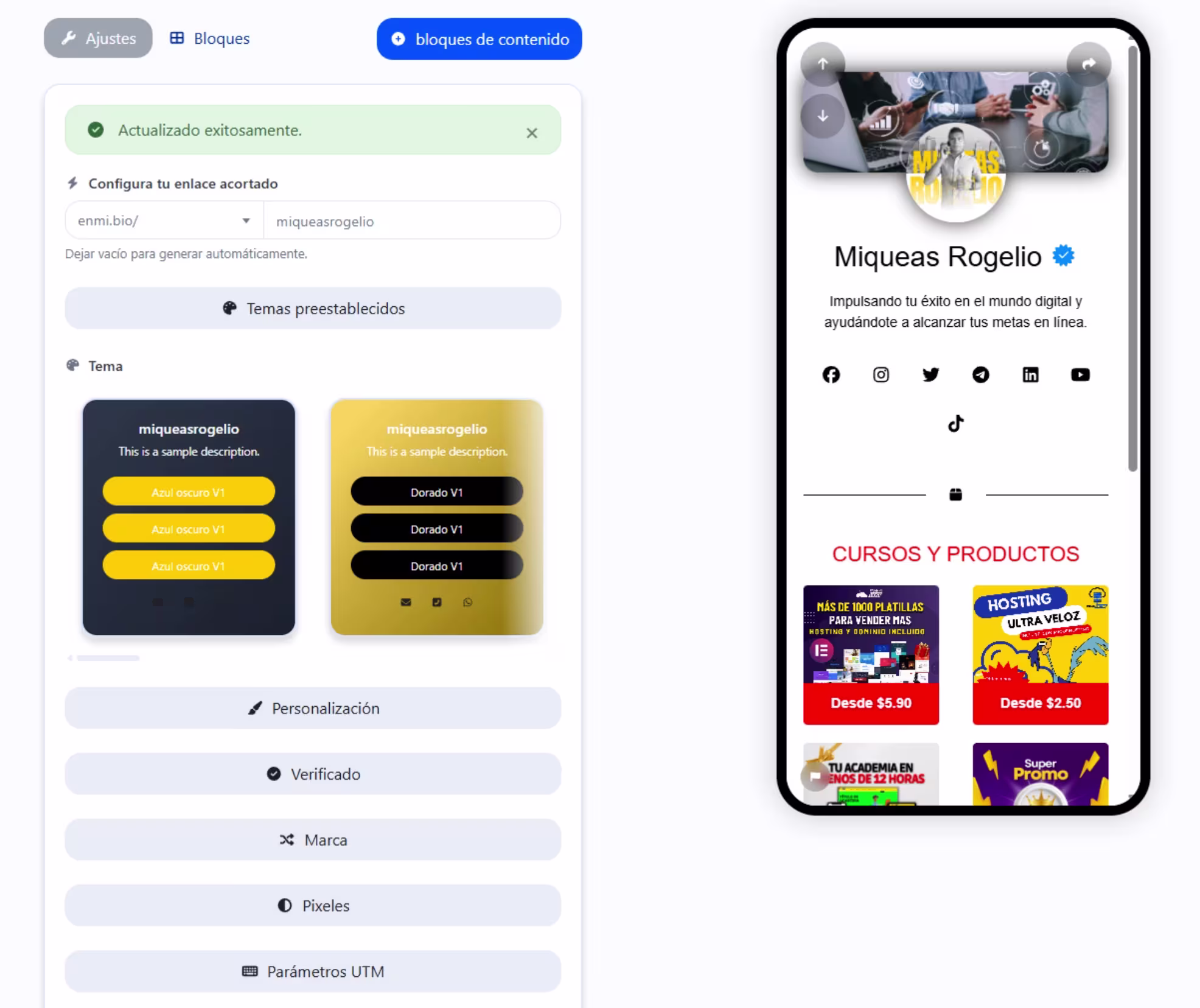 Screenshot of the app biolink editing page